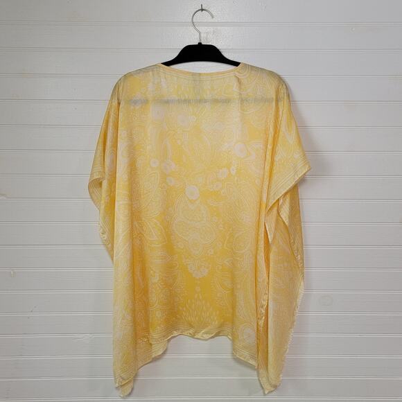 Chicos OS Silk Kimono Top Yellow Short Sleeve Long V Neck Tunic Flowy Lagenlook - Picture 2 of 6